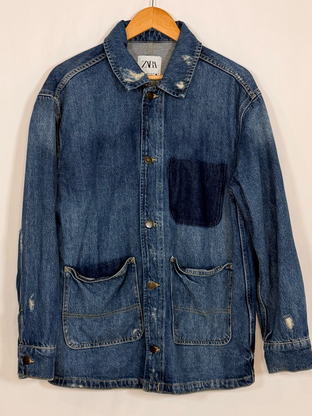 Zara Men’s Distressed Denim Chore Jacket Medium Oversized Utility Gorpcore